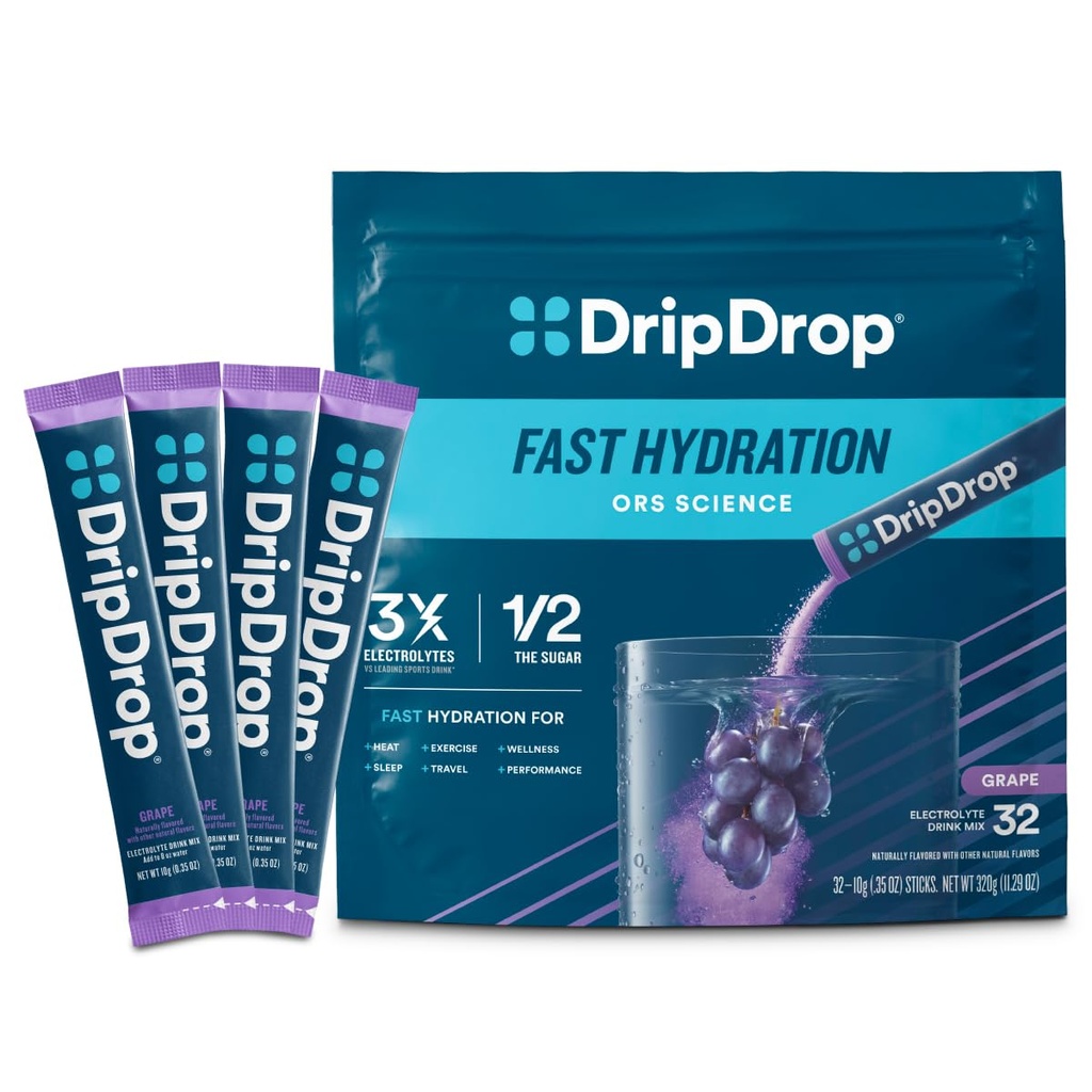 DripDrop Hydration Packets - Grape - Single Serve Electrolytes Powder Drink Mix - Non-GMO, Glutenvrij, Veganistisch - 32 Sticks