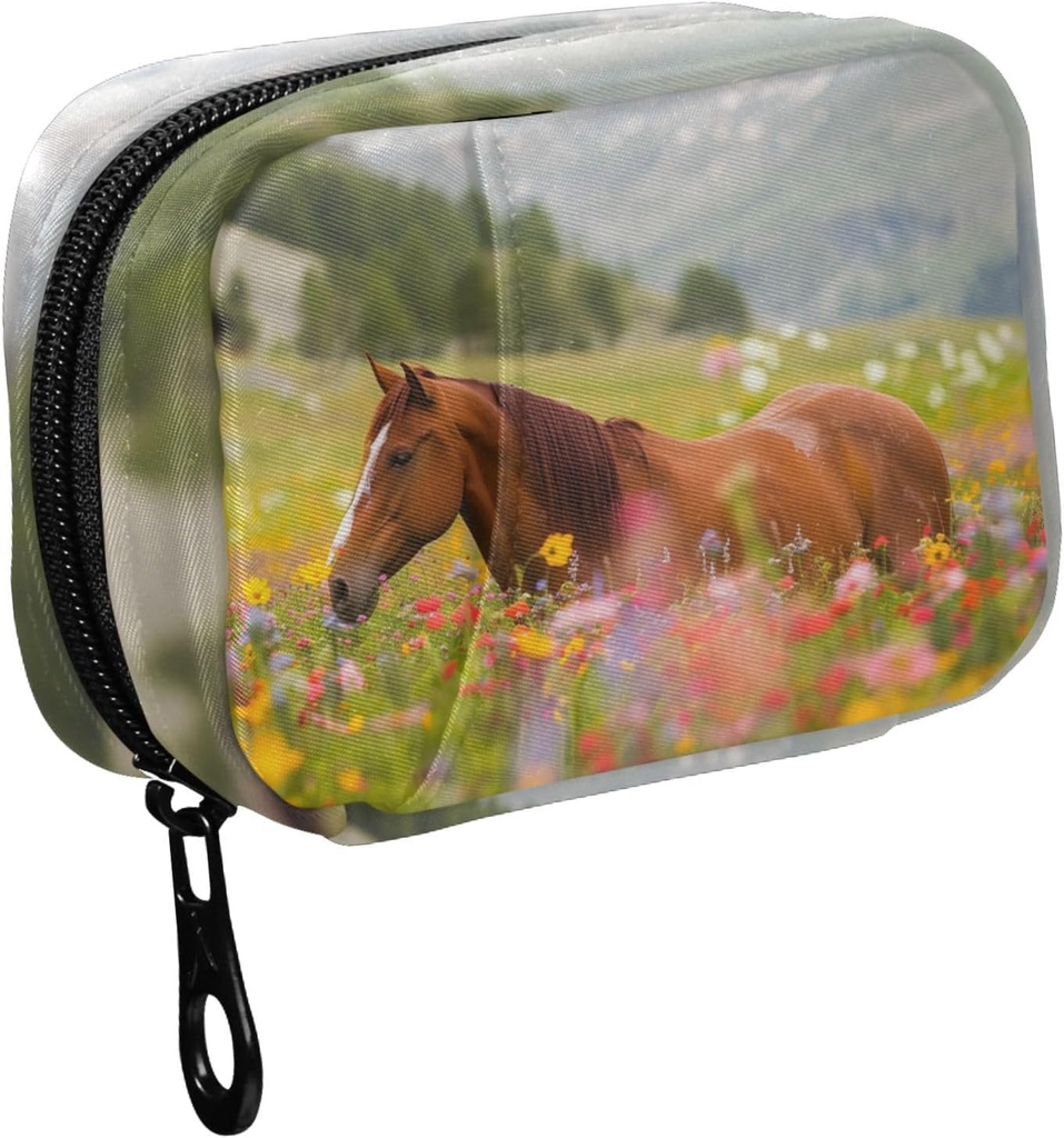 Fustyad Long Mane Horse in kleurrijke Flower Field Pill Organizer Case met Zipper 2 keer een dag voor vitamine en supplement, 7 dagen reisorganisator geneeskunde geval