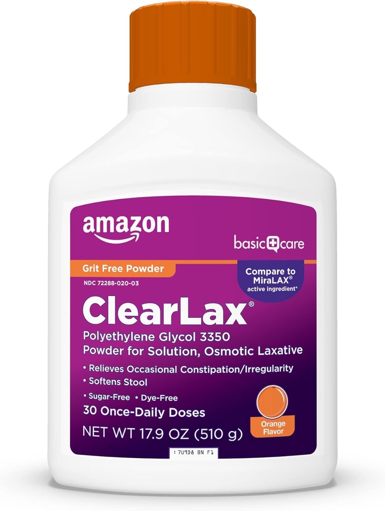Basic Care ClearLax Polyethyleen Glycol 3350 Powder for Solution, Orange Flavor, Osmotic Laxative, Stool Softener, Relives Occasional Constipatie, 1,11 pond (Pack of 1)