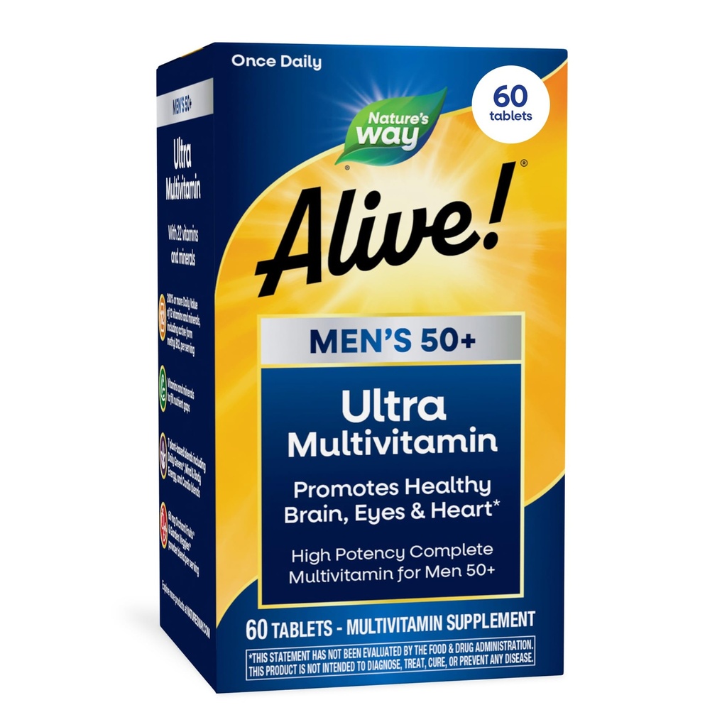 Nature's Way Alive! Mannen 50+ Dagelijkse Ultra Multivitamine, Hoge Potentie Formule, Ondersteunt Gezonde Hersenen, Ogen & Hart*, met Methylated B12, Gluten-Free, 60 Tablets (Verpakking mei Vary)
