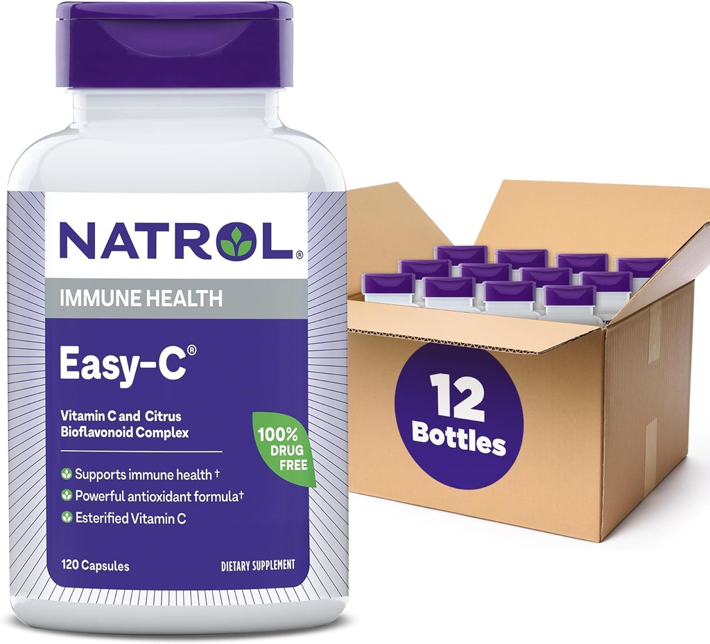 Natrol Easy-C Ondersteunt Immune Health met vitamine C en Bioflavonoïden, Bios Vegi Capsules, 500 mg, 120 Tellen (pakket van 12)