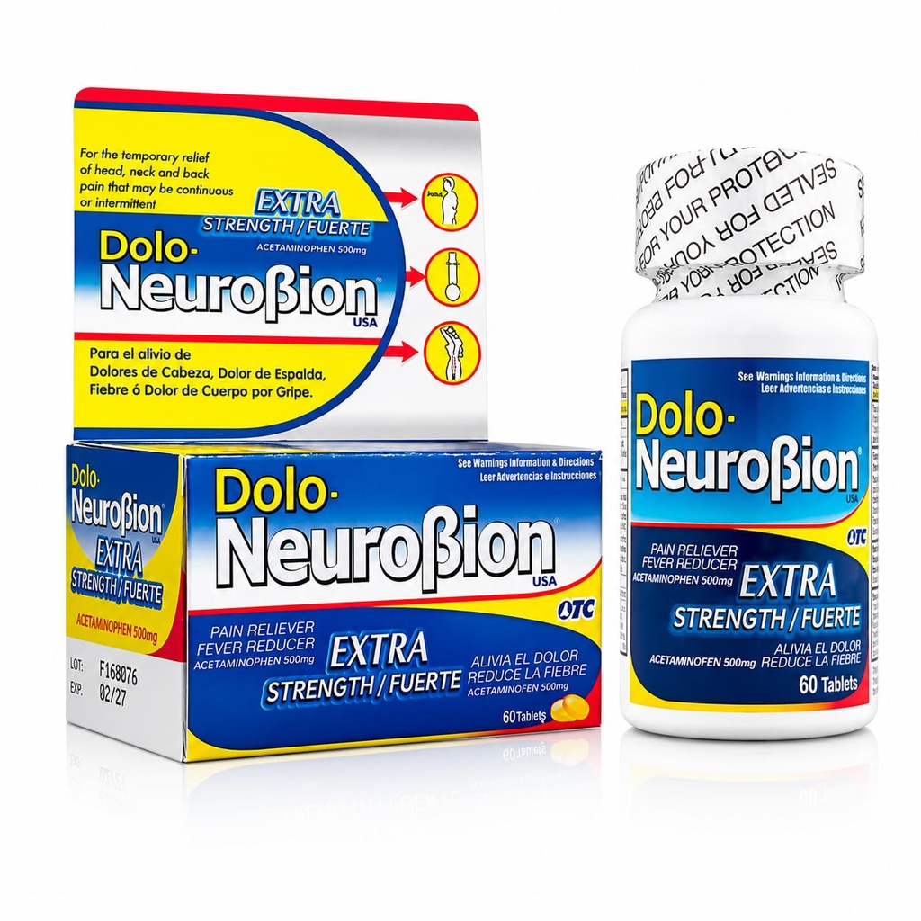 Dolo Neurobion Pain Reliever, koortsreducer, extra sterkte. Alivia el Dolor, Reduce la Fiebre, Extra Fuerte. 60 tabletten. Acetaminofen 500 mg