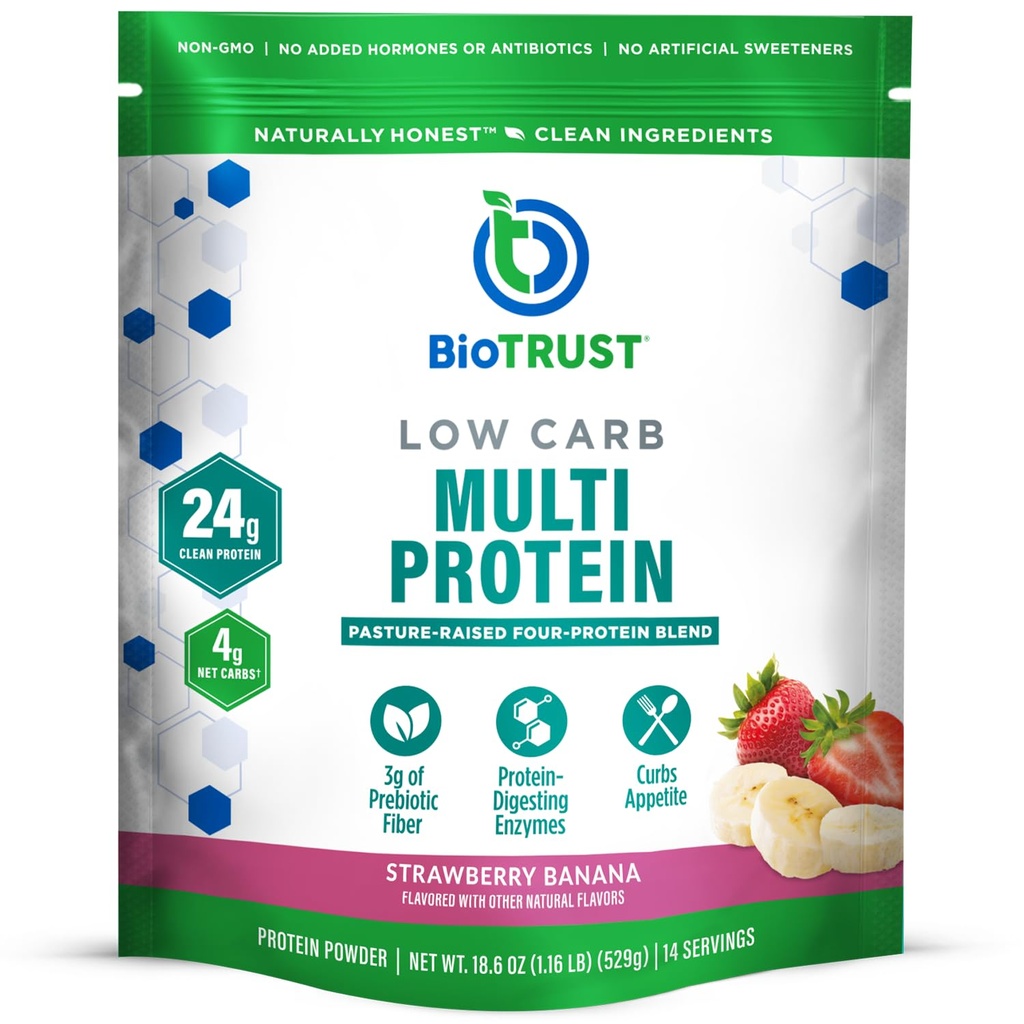 BioTrust Low Carb Protein Powder - Delicious Whey & Casein Blend from Grass-Fed Hormone Free Cows - Non GMO, Gluten Free (Strawberry Banana)
