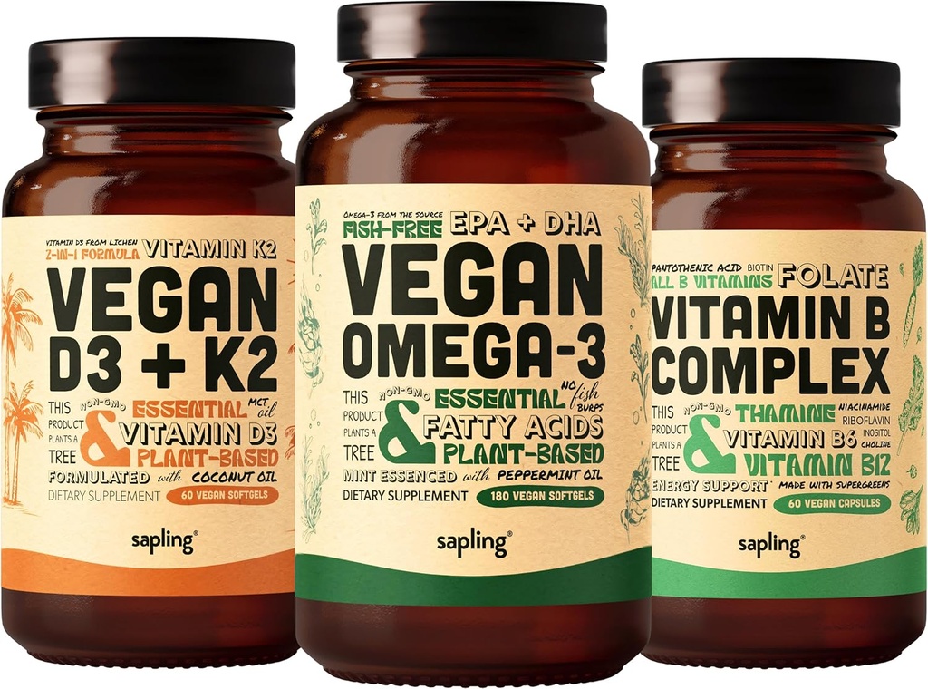 Vegan Omega 3 180 Softgels & Vegan D3 + K2 & vitamine B complex bundel - plantaardige DHA & EPA vetzuren, 4000 IE vitamine D3 en 100 mcg vitamine K2, essentiële B vitaminen
