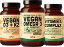 Vegan Omega 3 180 Softgels & Vegan D3 + K2 & vitamine B complex bundel - plantaardige DHA & EPA vetzuren, 4000 IE vitamine D3 en 100 mcg vitamine K2, essentiële B vitaminen