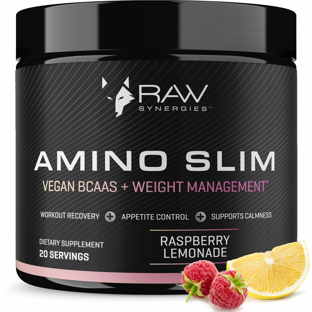 RAW Synergys Amino Slim - Active Lifestyle Supplement for Metabolic & Mindful Eating Support - Muscle & Energy Support - Sugar-Free & Vegan - Raspberry Lemonade - 20 Servers