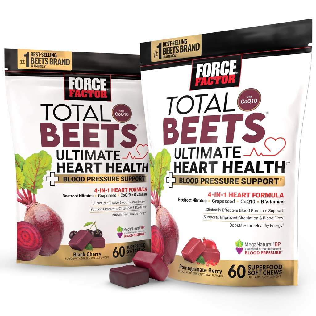 Bundle of Force Factor Total Beets Ultimate Heart Health Blood Pressure Support Kauwt met CoQ10, Beet Root Powder, Grape Seed Extract, Bloeddruk Supplement voor Circulatie & Blood Flow, 120 Zachte