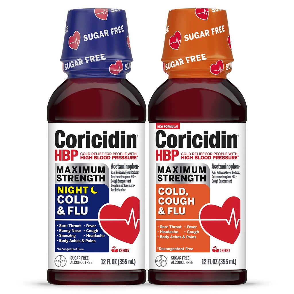 Coricidin HBP Maximale sterkte Koude & griepdag & nacht Suikervrije vloeibare twinpack, Decongestant-vrije koude geneeskunde voor volwassenen met hoge bloeddruk -12 Fl Oz (verpakking van 2)