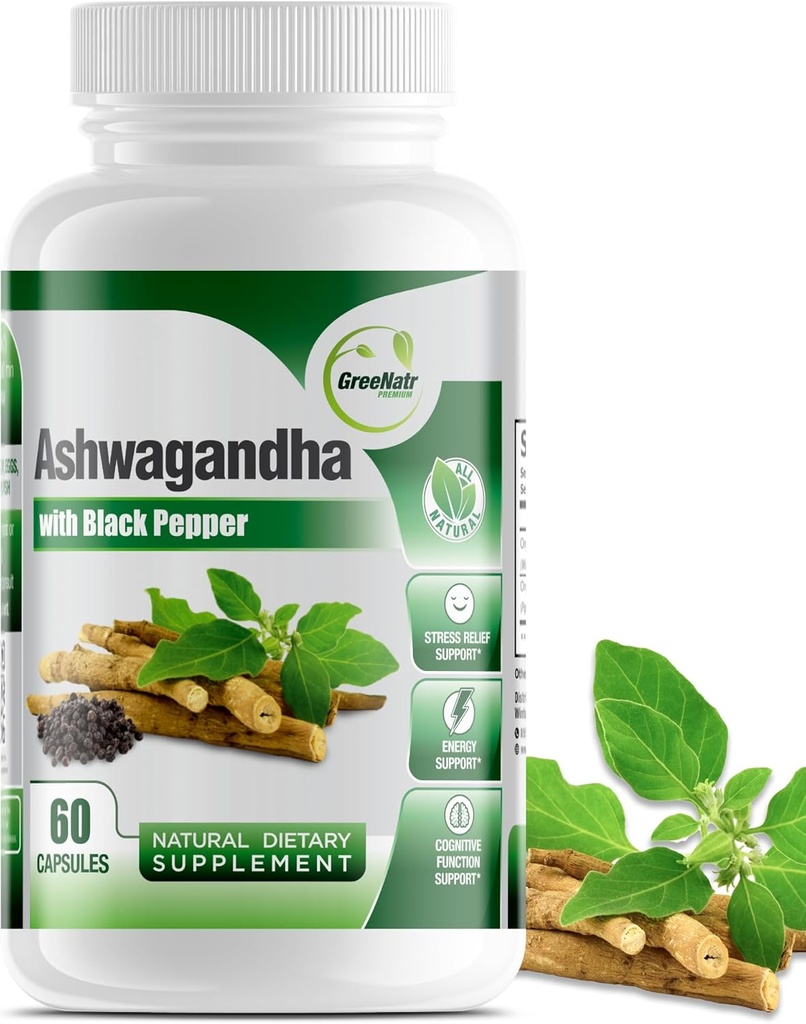 GreeNatr Organic Ashwagandha Capsules with Black Pepper for Enhanced Absorption - Mood Enhancer with Energy and Cognitive Function - 1300 mg Veggie Capsules (1 Bottle)