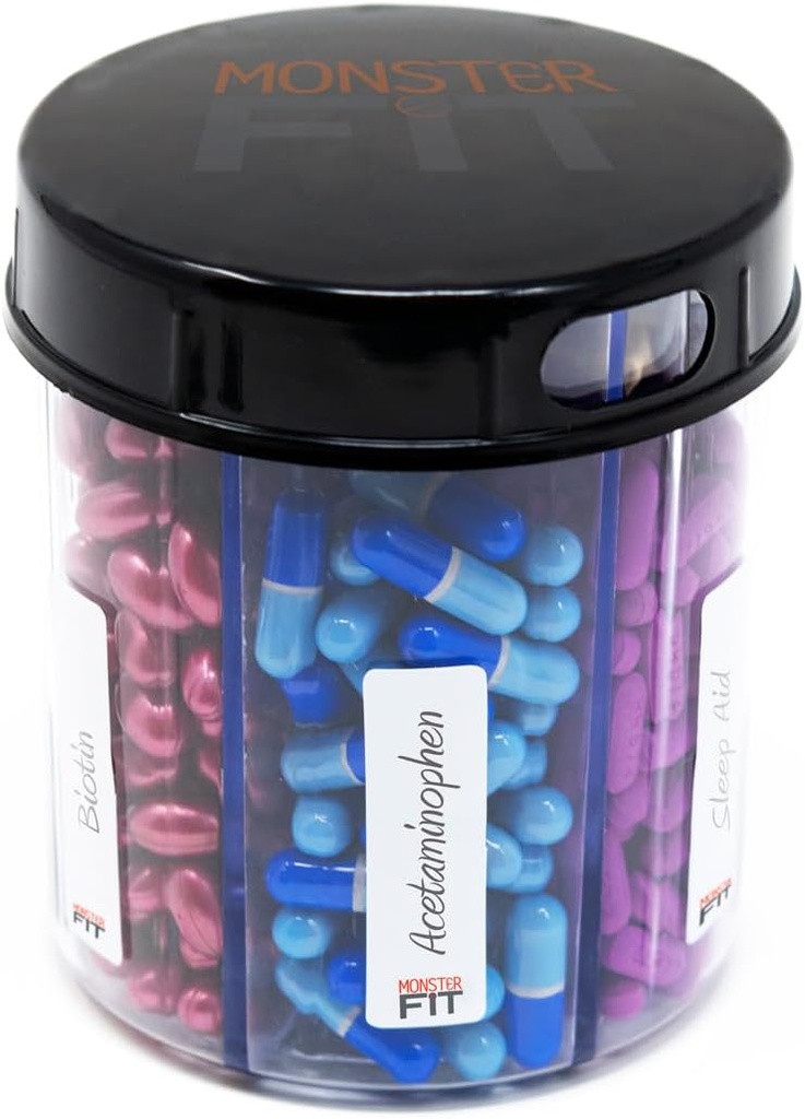 Supplement Pill Dispenser Fles, 6 Compartiment, Labels, Gemakkelijk Open, Anti-Mixing, Maandelijkse Vitamine Organisator, Monster Fit Jr Medication Holder (Clear, Small)