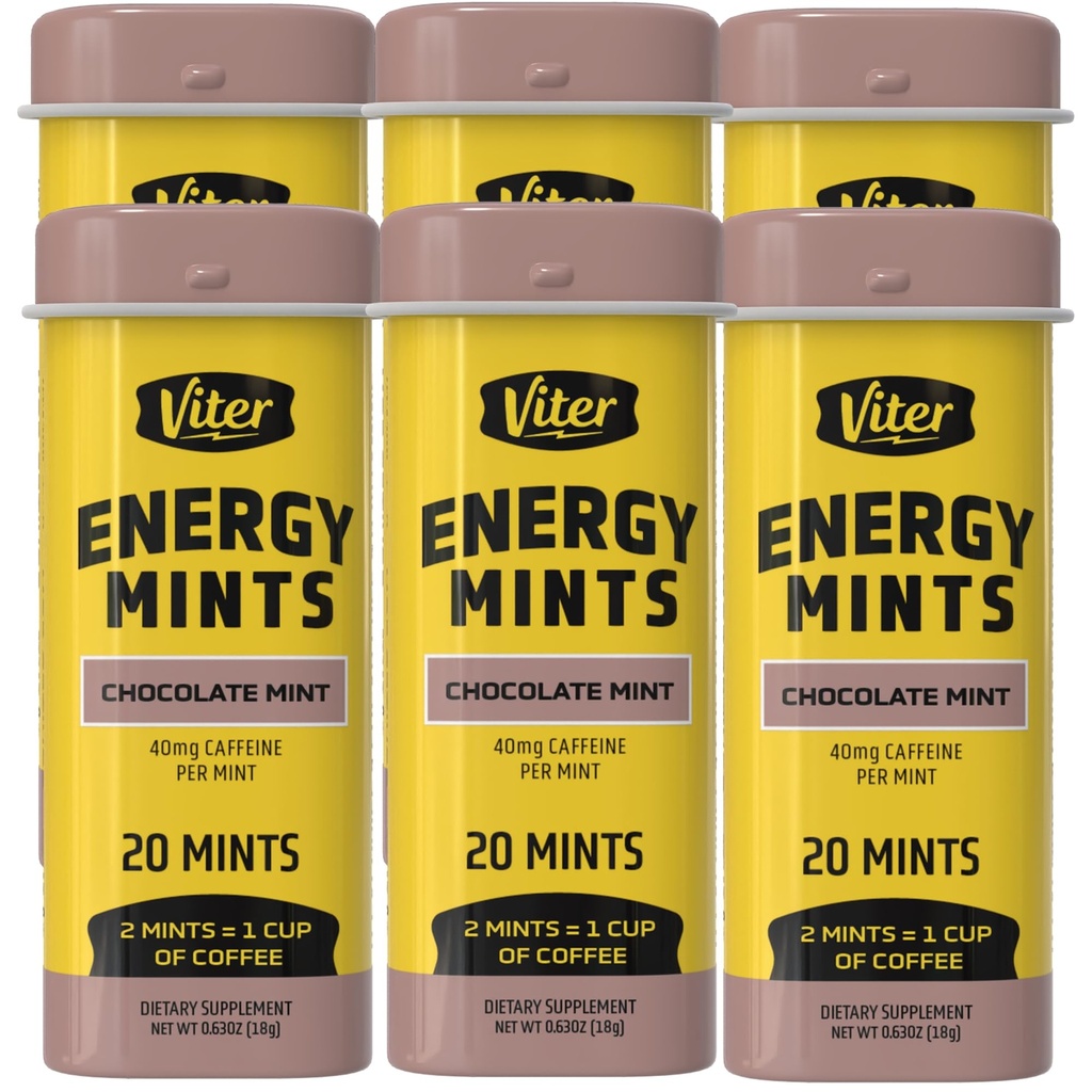 Viter Energy Cafeinated Mints 40mg Cafeïne, B Vitaminen, Suikervrij. (Chocolate Mint, 20st, 6 Pack)