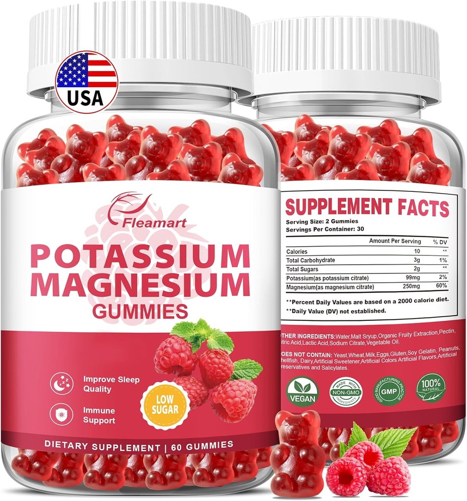 Kalium Magnesium Gummies Kalium Citrate 99mg Magnesium Citrate 250mg Magnesium Kalium Complex Supplement, Immune Ondersteuning, 60 Raspberry Gummies 2 Pack