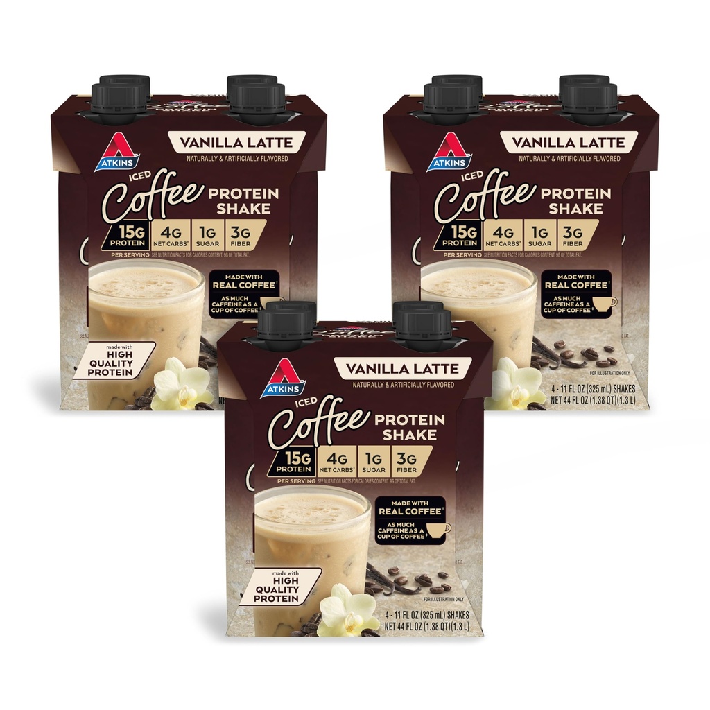 Atkins Iced Coffee Vanille Latte Proteïne Shake, 15g Proteïne, Lage Glykemie, 4g Net Carb, 1g Suiker, Keto Friendly, 12 verpakkingen van 11 fl Oz