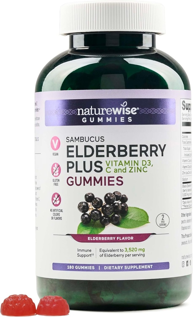 NatureWise Sambucus Vlierbessen Gummies - Immune Support Supplement for Kids Ages 4+ & Adults with Vitamin C, D3, Zink - Vlierbessen Equivalent aan 3520mg - Vegan, Non-GMO - 180 Count[90-Day Supply]