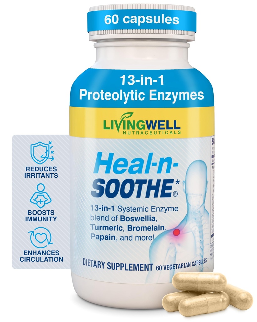 HEAL-N-SOOTHE Joint Support Supplements - Proteolytische enzymen zoals Bromelain & Papain, met Boswellia, Turmeric & Ginger- bevordert eiwitverteringsfunctie & Body Defense Wellness- 60 Count (1 Pack)