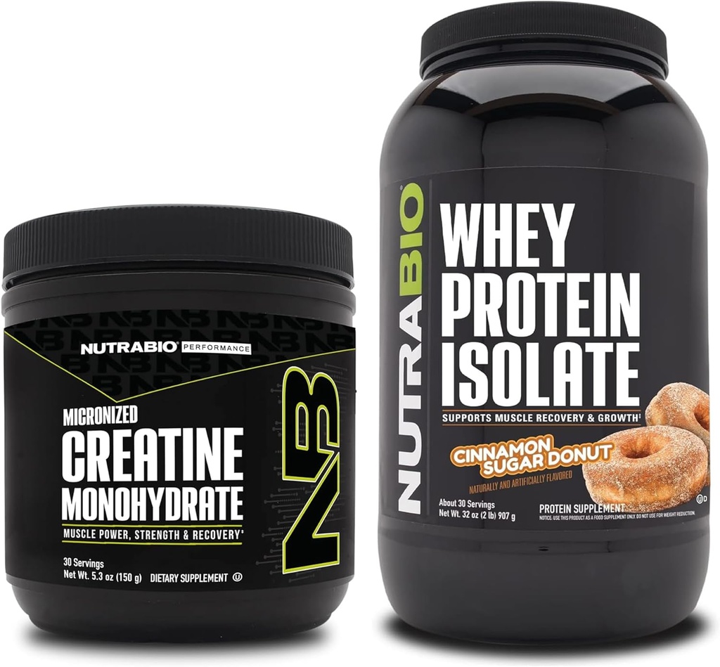 NutraBio Creatine Monohydraat, Unflavored, 150g en Wei Proteïne Isolaat, Kaneel Suiker Donut, Supplement Bundle - Spierenergie, Lean Spiergroei, Herstel, en sterkte