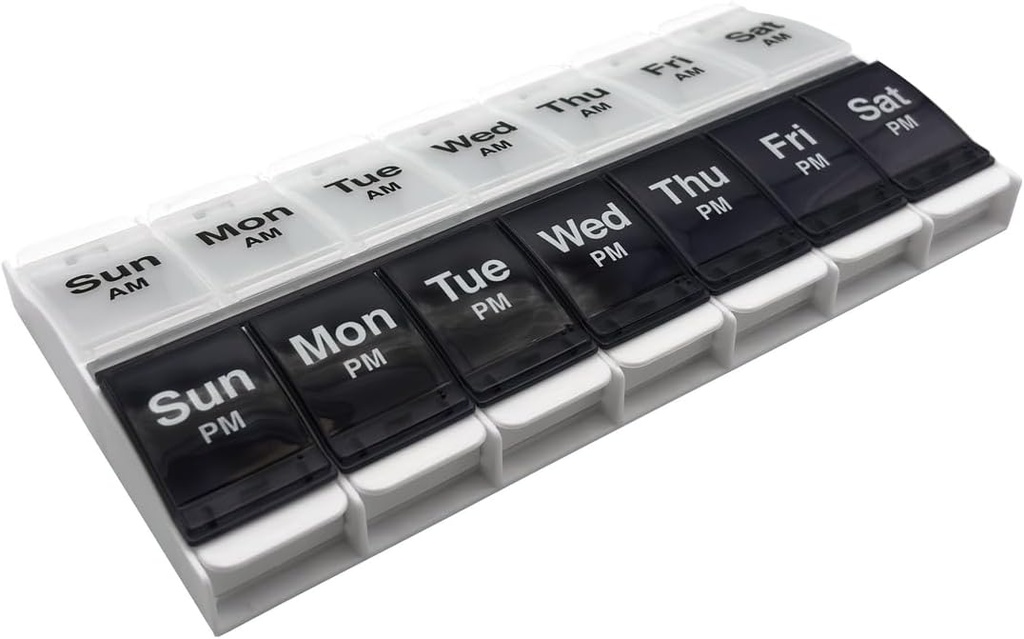 EZY DOSE Push Knop (7 dagen) Pill Case, Medicine Planner, Vitamine Organizer, 2 keer per dag AM/PM Container, X-Large Compartments, Artritis Vriendelijk, Moeiteloos Open, Clear Lids, Blue/White, BPA Vrij