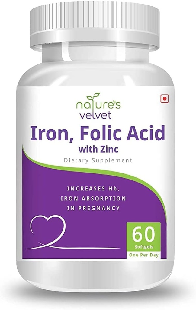 Natures Velvet Lifecare Iron & Folic Acid met zink,voor aanvulling bij zwangerschap, 60 softgels