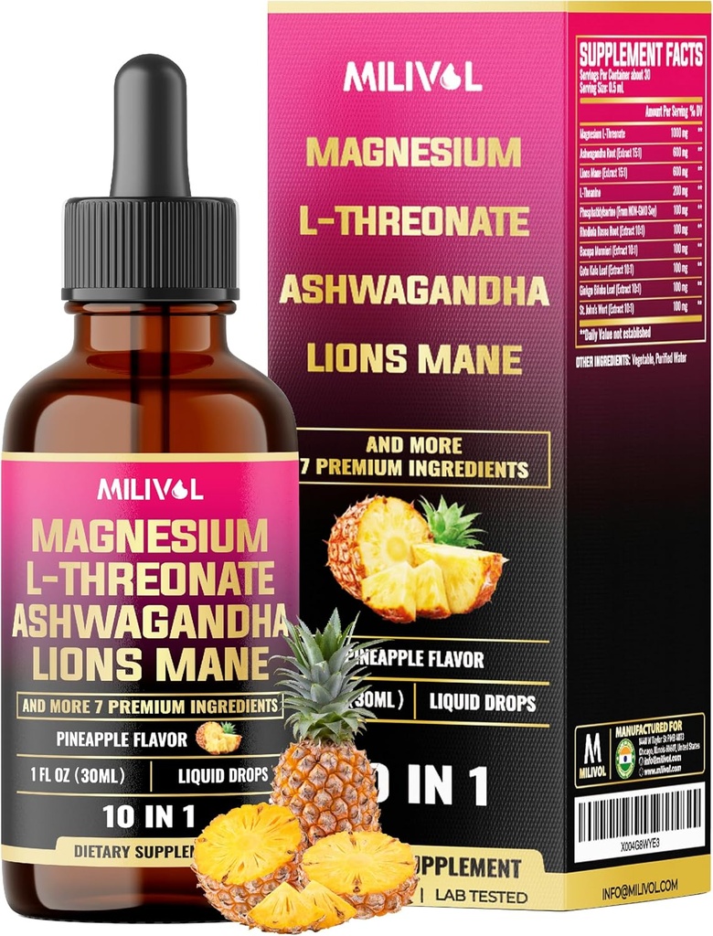 10in1 Magnesium L-Threonaat vloeibare druppels met Ashwagadha, Lions Mane & 7 Meer kruiden - 1 Fl Oz - Ananas smaak
