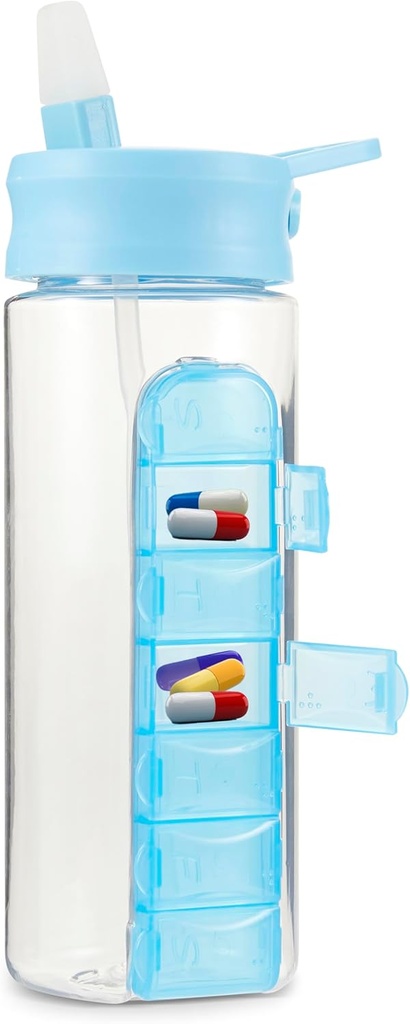 MARS WELLNESS 24 Ounce Waterfles met Slideout Pill Box, Dagelijkse Organisator - 7 dagen medicijnhouder, Easy Slide Out Pill Container, Popup Straw voor Hydration