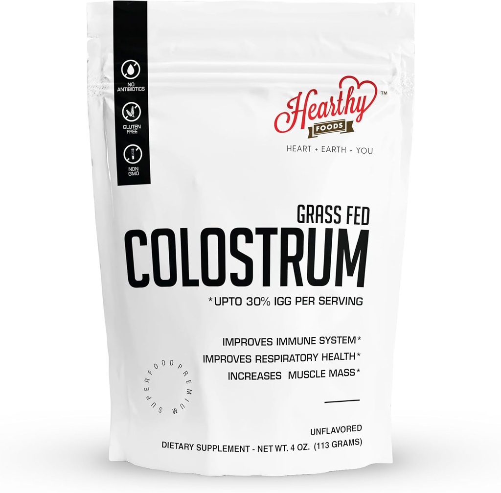 HEARTHY VOEDSELS Pure Bovine Colostrum Powder 4oz 113g - Upto 30% IGG, 22 Servings (5g per seving), Leaky Gut Repair Supplements, Gut Health and Immune Support 