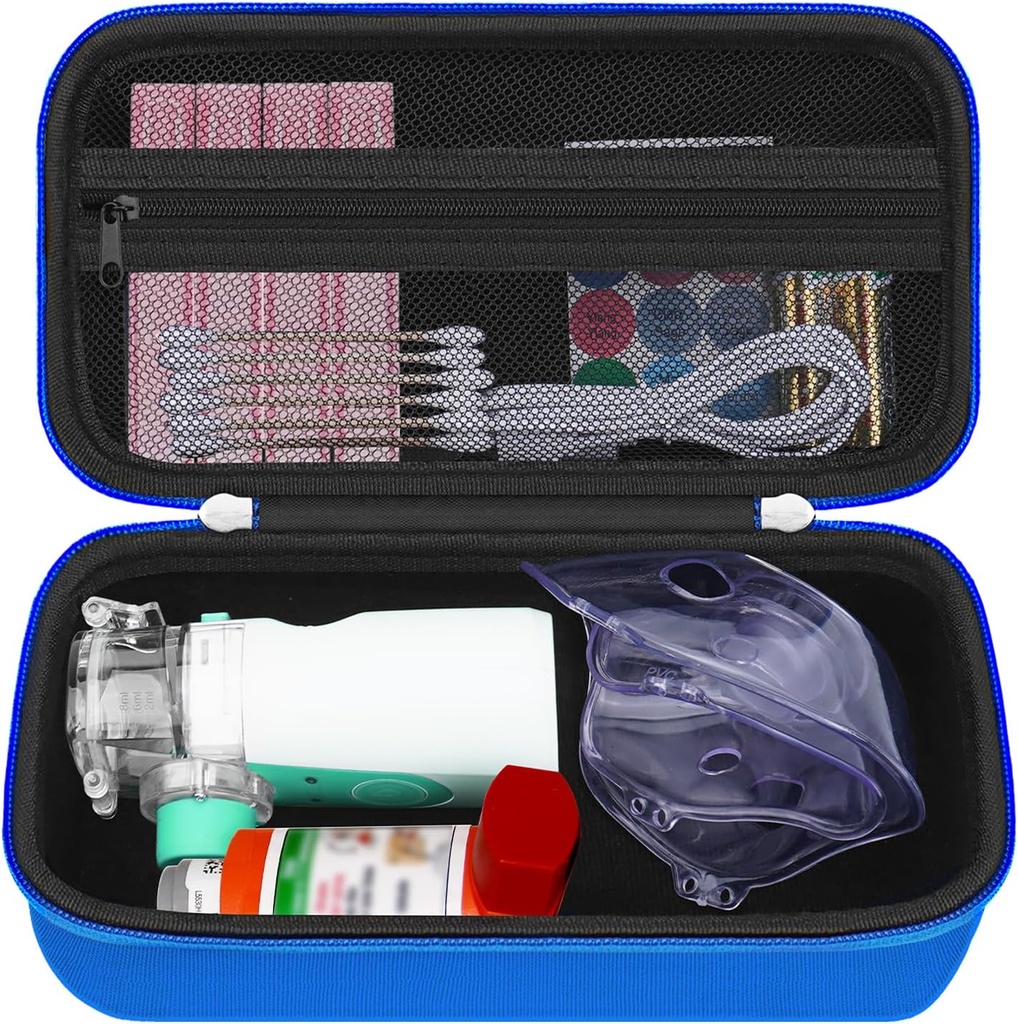 HESTECH Hard Travel Carrying Case for Asthma Inhaler for Inhaler Spacer, Mask, Inhaler Holder Asthma Bag with Mesh Pocket for Saline Solution and Other Essentials, Blue (Case Only)