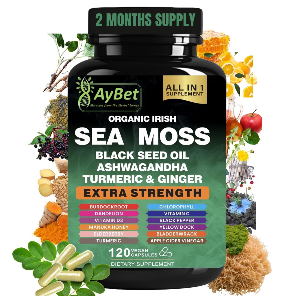 Biologische Irish Sea Moss, Black Seed Oil, Ashwagandha, Turmeric,Ginger Capsule, Bladderwrack, Burdock, VIT C&VIT D3, Vlierberry, Manuka Honey, Dandelion, Yellow Dock, Apple Cider Vinegar, Halal, Vegan