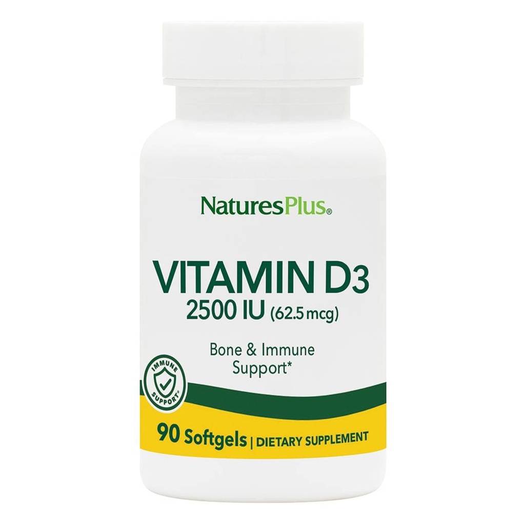 NaturesPlus Vitamine D3 (Cholecalciferol) - 2500 ie, 90 Softgels - Bone Health, Heart Health & Immune System Support Supplement, Bio available Active Form - Glutenvrije - 90 Servers