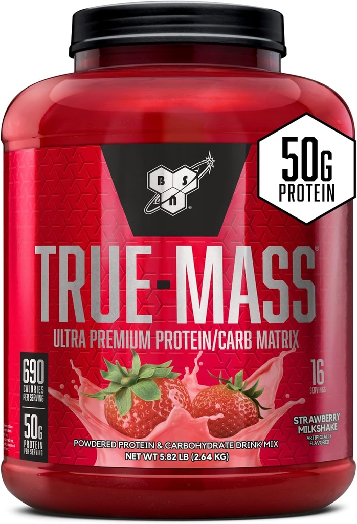 BSN TRUE-MASS Weight Gainer, Muscle Mass Gainer Proteïne Poeder, Aardbei Milkshake, 5,82 Pond