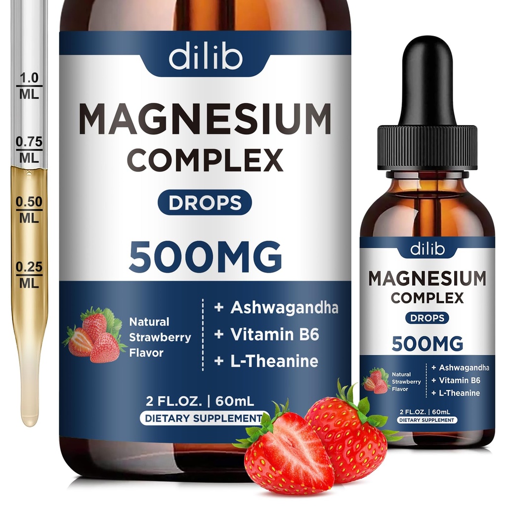 Triple Magnesium Complex Supplement-Magnesium Glycinate, Citrate, Malate Liquid Drops 500mg with Ashwagandha, L-Theanine, Vitamin B6 for Stress Relief, Sleep, Muscle Support-Strawberry Flavor