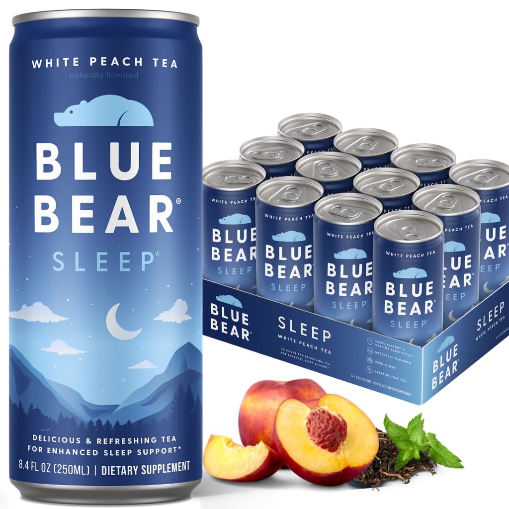 Blue Bear Melatonine Slaapdrank, slaapthee voor bedtijd Ondersteuning, White Peach Tea met Melatonine (5 mg), Lavendel, Ashwagandha, kamille, GABA, L-Theanine, Cafeine-Free, Zero Sugar, 8,4 Fl Oz 12-Pack