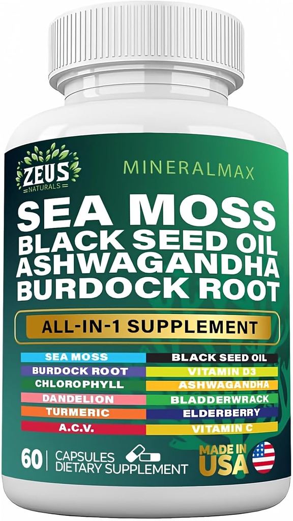 Sea Moss 3000mg Black Seed Oil 2000mg Burdock Root 1000mg Bladderwrack 1000mg Kurkuma 1000mg Ashwagandha 1000mg - Vlierbes, VIT C, VIT D3, Manuka, ACV (60 Tel.)