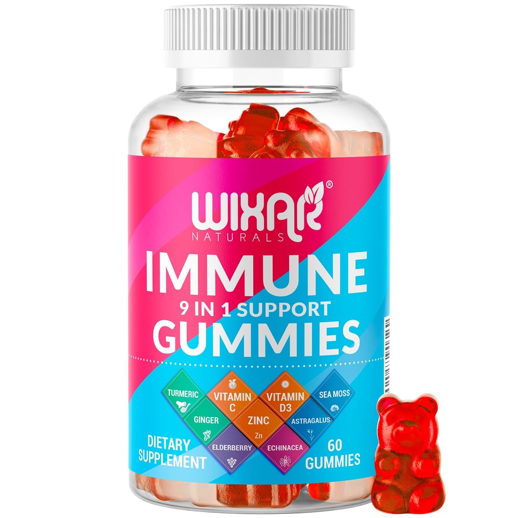 9 in 1 Immuun ondersteuning Gummies met Vlierbes, Vitamine C&D, Zink, Kurkuma, Gember, Echinacea, Astragalus & Sea Moss for Immunity Supplement - 60 Gummies