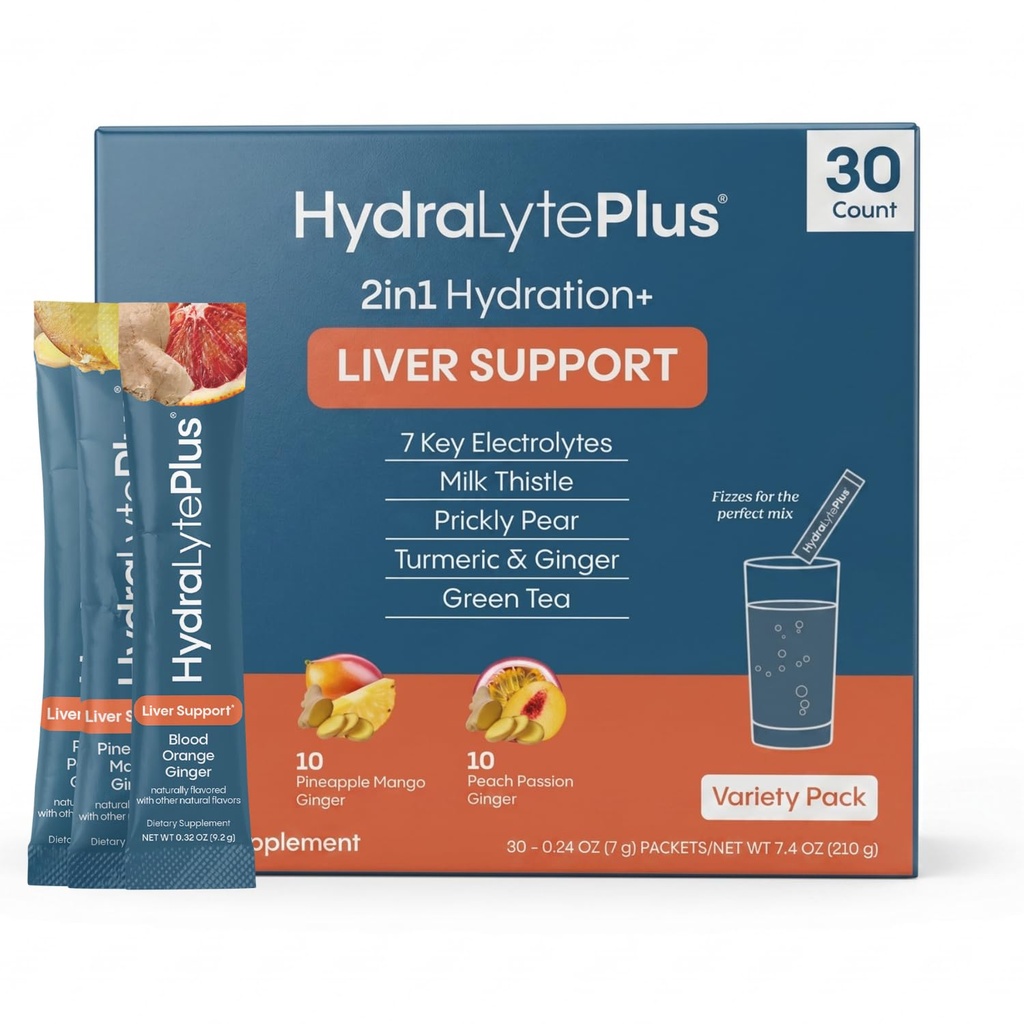 Hydralyte Lever Ondersteuning + Electrolyte Mix met melk distel, Kurkuma, Gember, Prickly Pear, Green Tea Extract Geformuleerd voor snelle rehydratatie (Variaty Flavor, 30 Packets)