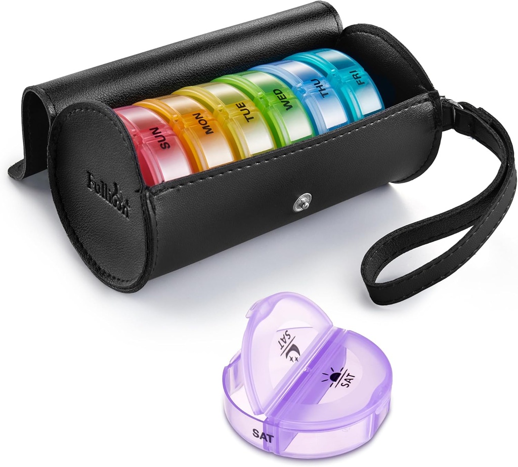 Fullicon PU Case Weekly Pill Box Organizer 2 keer per dag, Reizen 7 dagen pil dozen, Portable Tablet Organizer met Grote Compartiments voor Geneeskunde, Medicatie, Vitamine, Supplementen(Black/Rainbow)