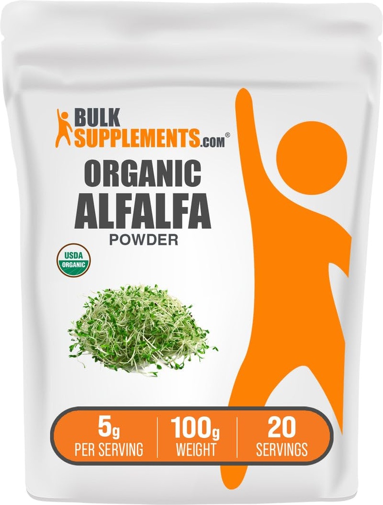 BulkSupplements.com Biologische Alfalfa Graspoeder - Alfalfasupplement, Groen Superfoodpoeder - Veganistisch & Glutenvrij, 5g per portie, 100g (3.5 oz) (verpakking van 1)