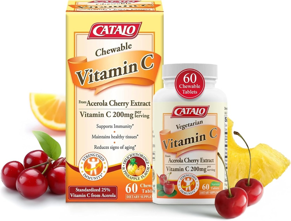 CATALO Vitamine C Formule - Acerola Cherry Extract, 200mg Vitamine C per Serving, Huidverjonging, Collageen Productie, Heerlijke Oranje & Ananas Smaak, 60 Kauwtabletten