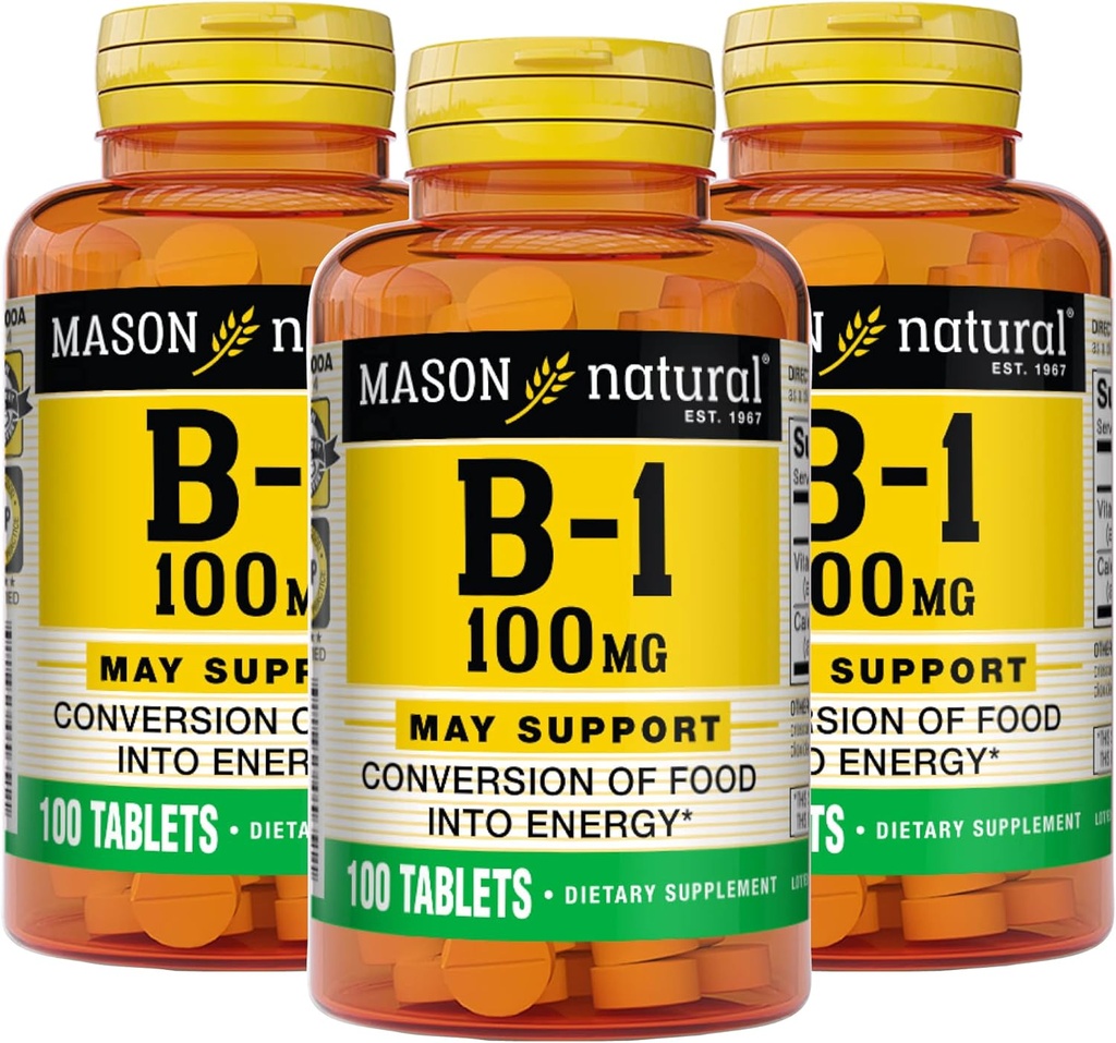 Mason natuurlijke vitamine B1 (Thiamine) 100 mg, gezonde omzetting van voedsel in energie, ondersteunt nerve en immuungezondheid, 100 tabletten (pakket van 3)