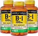 Mason natuurlijke vitamine B1 (Thiamine) 100 mg, gezonde omzetting van voedsel in energie, ondersteunt nerve en immuungezondheid, 100 tabletten (pakket van 3)