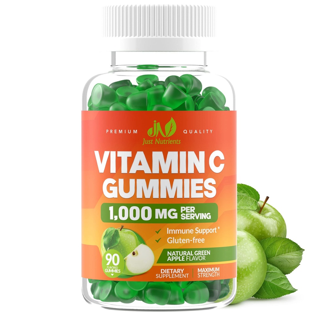 Vitamine C Gummies 1000mg voor volwassenen en kinderen - Maximale sterkte Kauwbare Immuun Ondersteuning, Collageen Ondersteuning - Zure groene Apple smaak - Glutenvrij, niet-GMO, Vegetarisch - 90 Gummies (30 Servers)