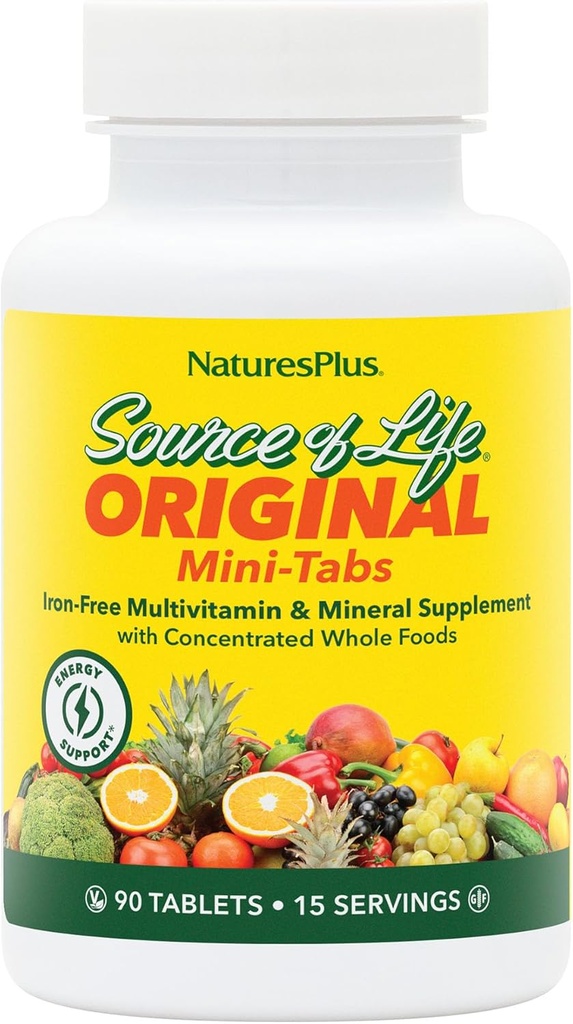 Natures Plus Bron van het leven Mini-Tabs Geen ijzer - 90 Vegetarische Mini Tablets - Eenvoudig doorslikken Natuurlijke Gehele Voedsel Multivitamine & Mineraal Supplement voor Gezondheid & Energie - 15 Serven