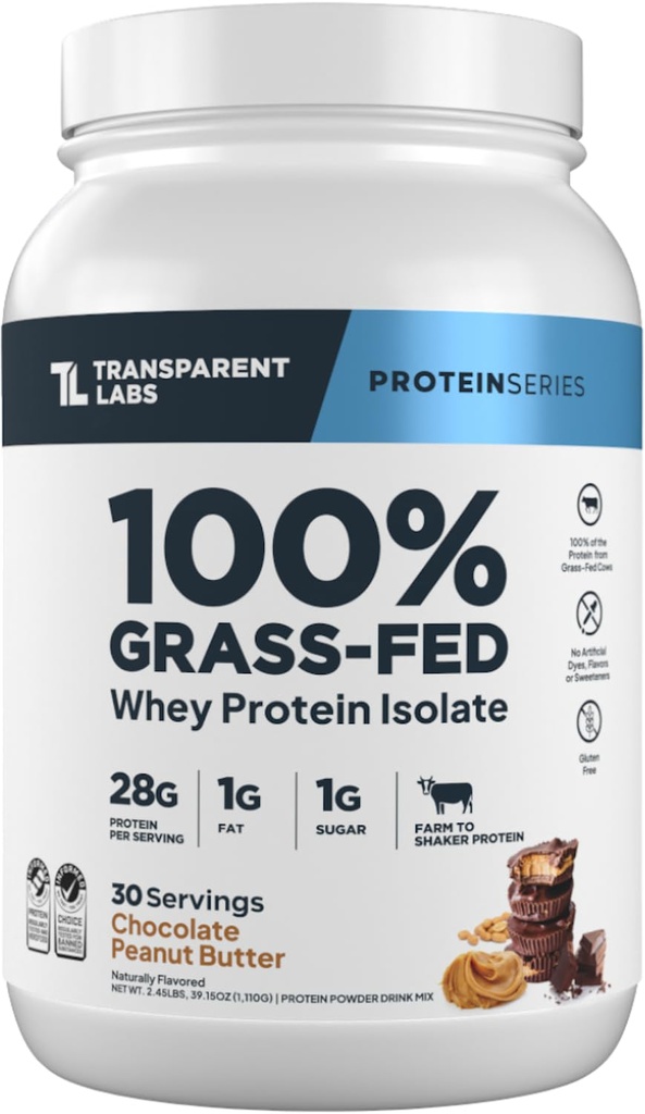 Transparante Labs Grass-Fed Wei Proteïne Isolaat - natuurlijk smaakvrij Glutenvrij Wei Proteïne Poeder met 28 g eiwit per portie & 9 aminozuren - 30 porties, Chocolade Pindakaas