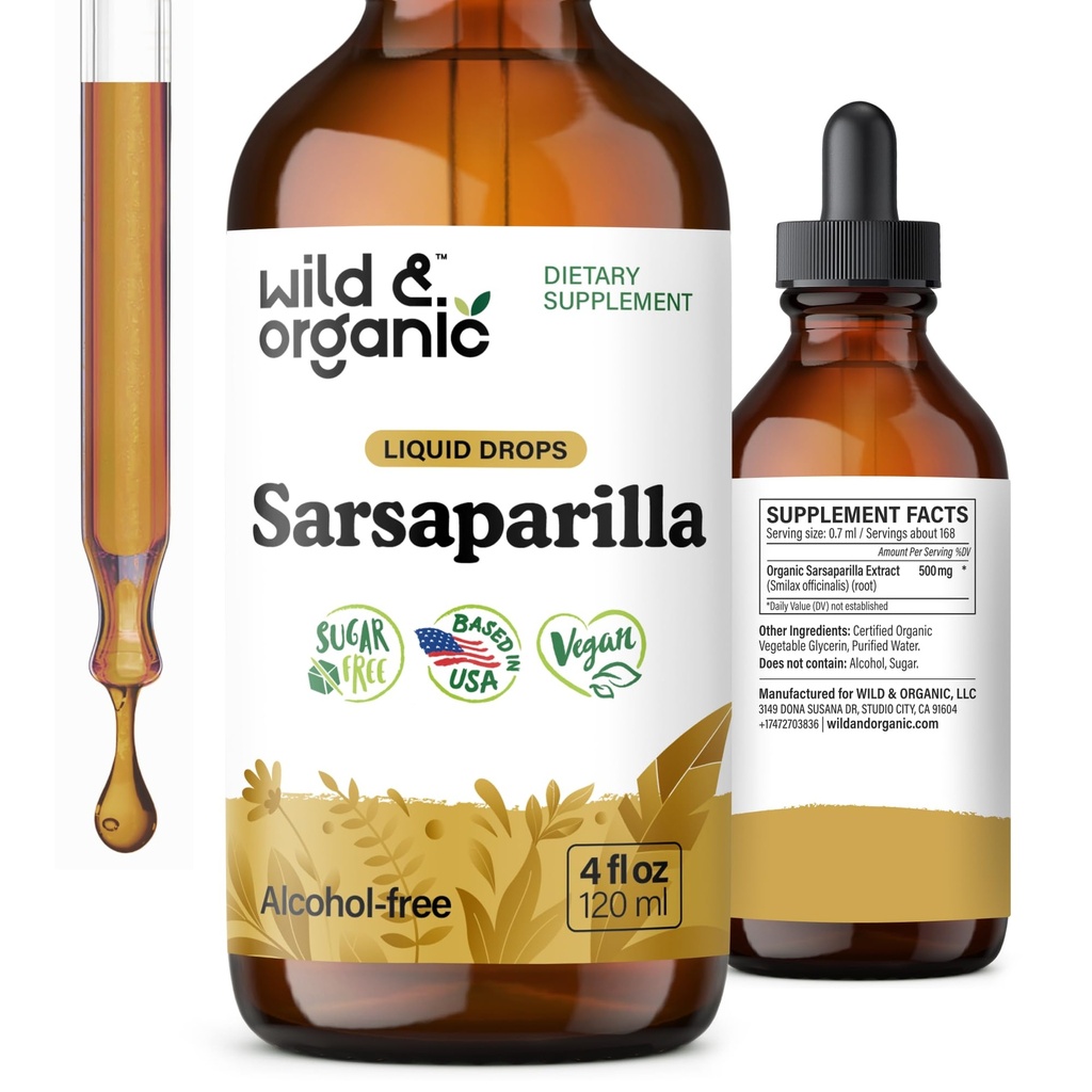 Wild & Organic Sarsaparilla Root Tincture - Overall Support - Sarsaparilla Extract Supplement - Vegan, Sugar & Alcohol-Free Liquid Drops - 4 fl oz