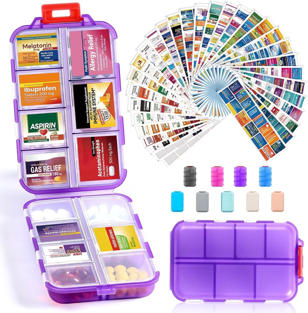14 Grids Travel Pill Organizer Box met 415-Pcs Medicine Naam Labels, Pocket Daily Pharmacy Case Container, Reizen Medication Holder Dispenser Kit voor Visolie Vitamine Supplement Opslag - Helder paars