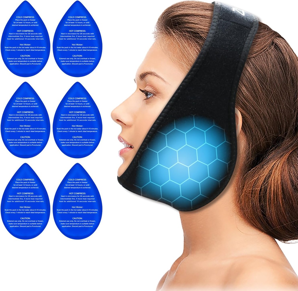 ZNÖCUETÖD Wijsheid Tanden Ice Pack Gezichtshoofd Wrap voor Wijsheid Tanden Verwijdering Tandpijn pijnverlichting, TMJ, Jaw Ice voor gezicht mondelinge chirurgie, tandheelkundige implantatie met 6 Herbruikbare Hot Cold Gel Packs