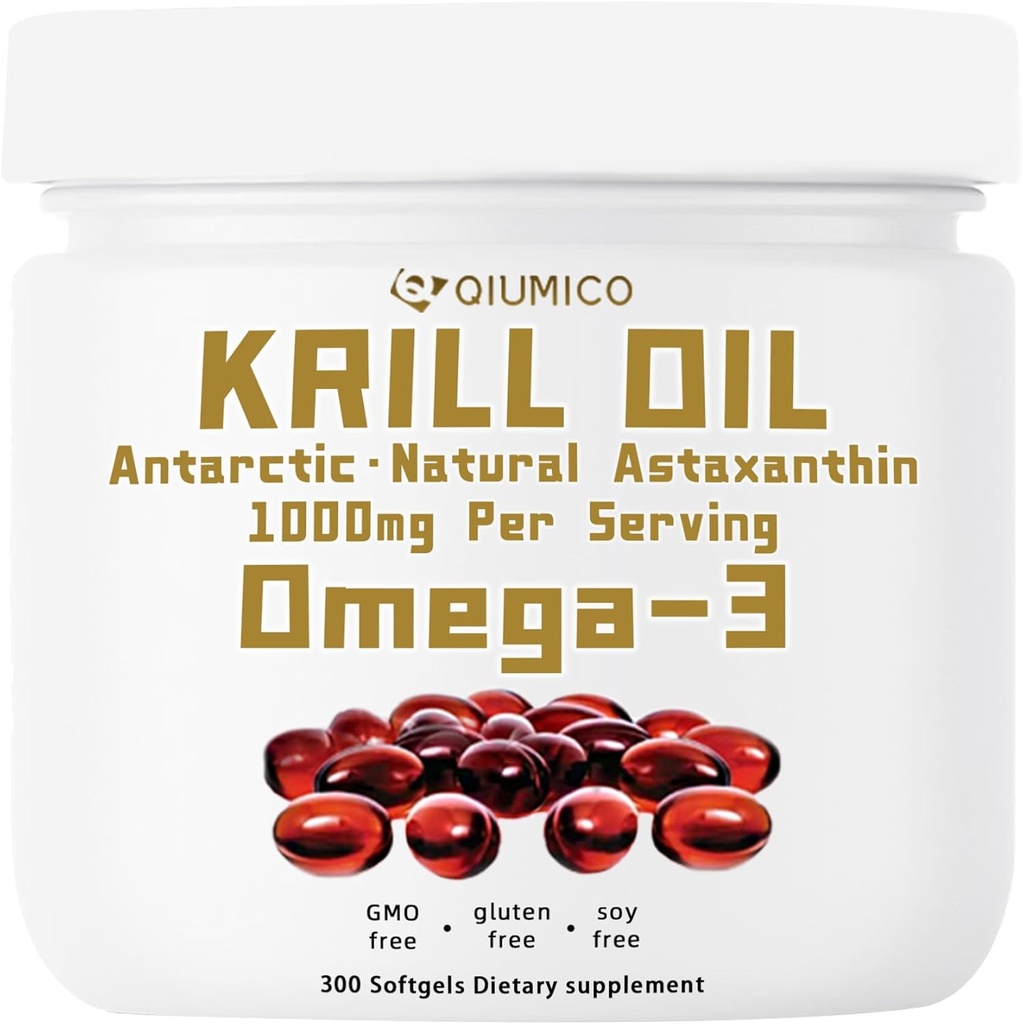 Antarctica Krill Oil Supplement, rijk aan Omega-3s EPA, DHA & Astaxanthine, 1000mg per portie, supplement voor hart en immuniteit, 300 Soft-Gels