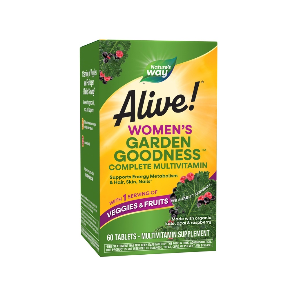Nature's Way Alive! Tuingoedheid Multivitamine voor vrouwen, hoge potentie B-Vitaminen ter ondersteuning van cellulaire energie*, 1 die groenten en fruit serveren**, 60 tabletten