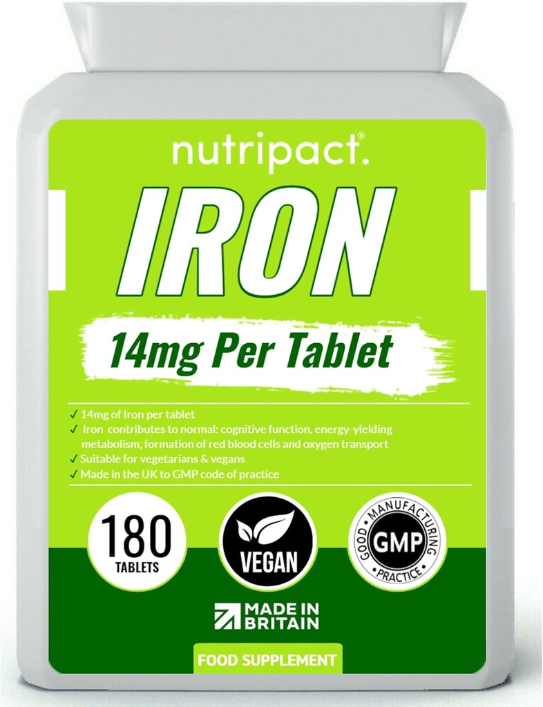 IJzertabletten 14mg - Gemakkelijk doorslikken één-dag formule - helpt verminderen vermoeidheid & vermoeidheid, energiebooster, ondersteunt immuunsysteem, vorming van rode bloedcellen - 6 maanden levering - 180 Veganistisch supplement