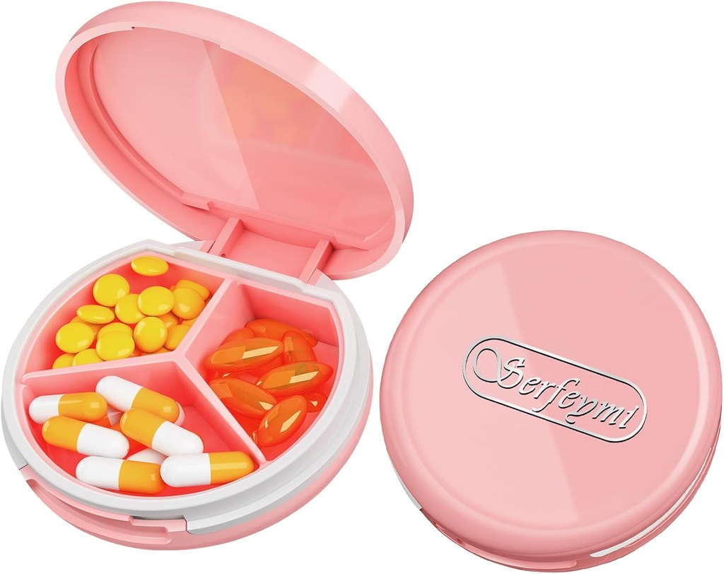 Serfeymi Small Pill Box - 3 Compartments Portable Pill Box for Purse Pocket, Compact Mini Travel Pill Case - Geschikt voor Geneeskunde, Vitamine, Visolie, Supplementen - Pink(Logo)