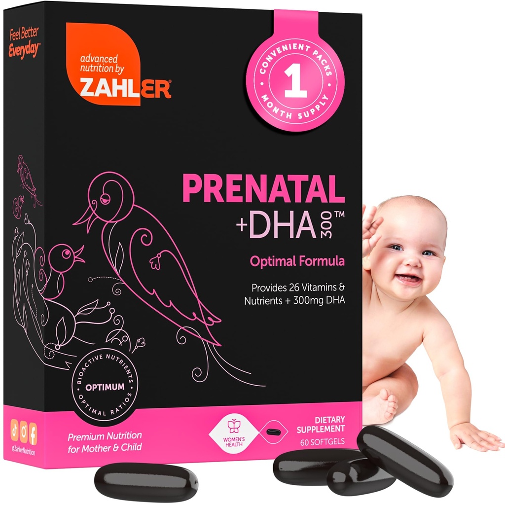 Zahler Prenatale Vitamine met DHA & Folaat - DHA Supplementen & Prenatale Multivitamine voor moeder en kind - Kosher Prenatale DHA Prenatale Vitaminen met ijzer, Prenatal Softgels 60 Tel.